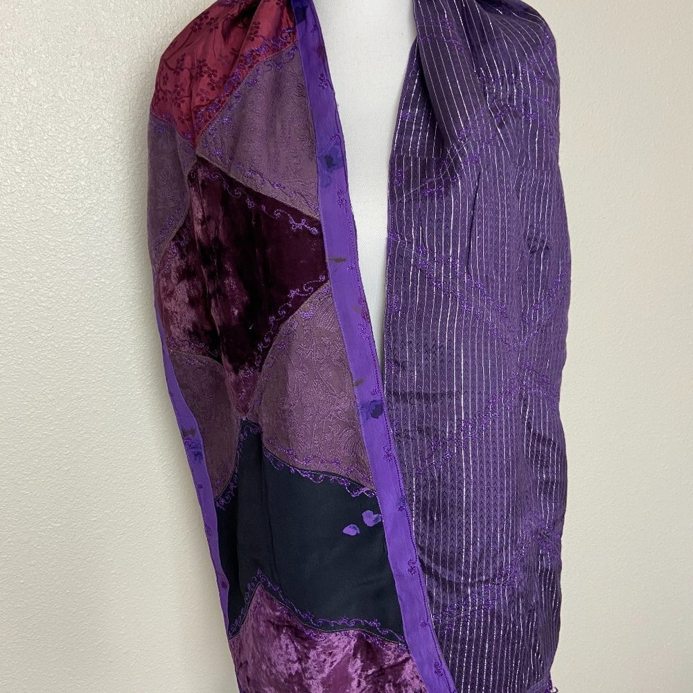 Vintage Patchwork Scarf Reversible 100% Rayon Fri… - image 2